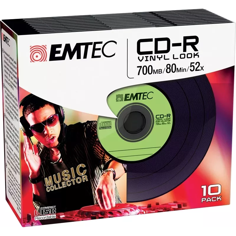 EMTEC Vinyl Look - 10 x CD-R - 700 MB (80 Min) 52x - Blue, Yellow, lilac, Green, pink - Slim Jewel Case