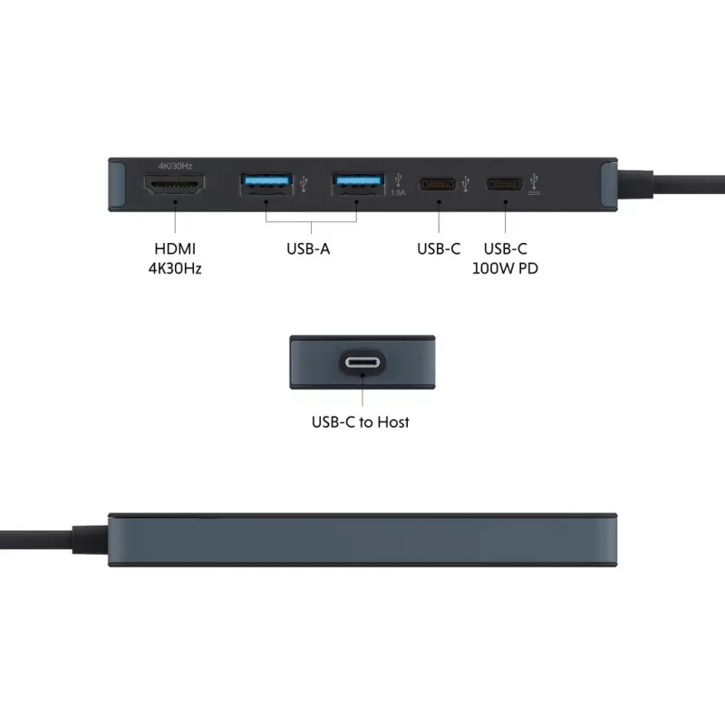 USB-C hub HYPER HD4101BKGL — 5-port (USB-C, USB 3.2 Gen1 Type-A, HDMI 4K), 5000 Mbit/s, Black