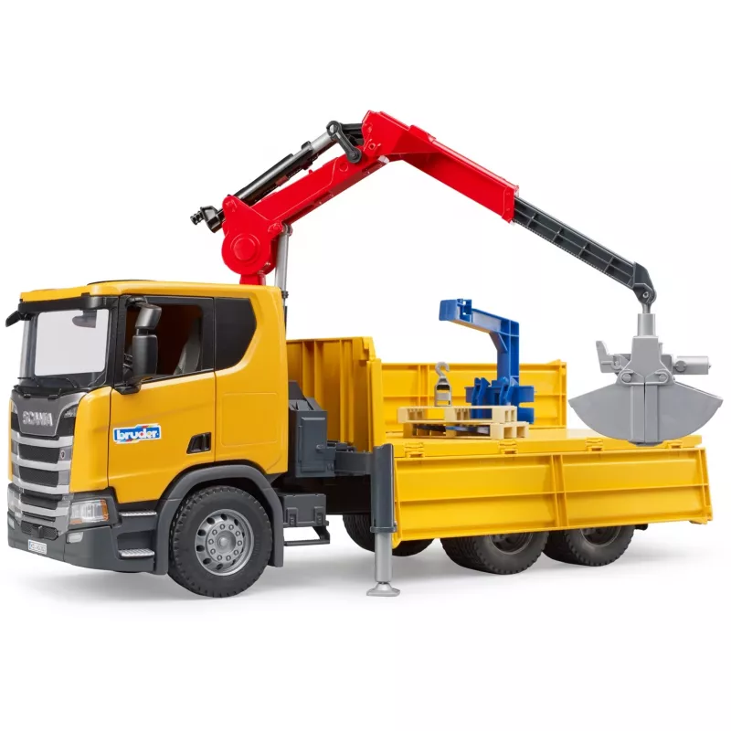 Toy construction truck BRUDER Scania Super 560R with crane and 2 pallets
