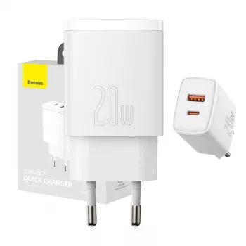 Wall charger Baseus Compact 1x USB-A + 1x USB-C 3A, compact travel adapter