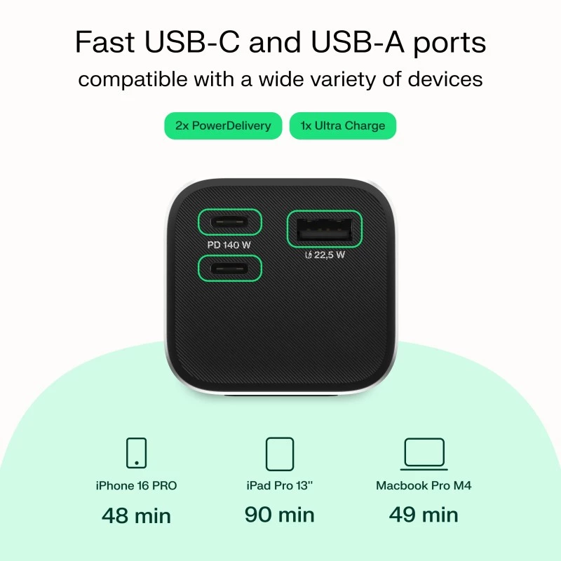 Portable battery Green Cell PBGC25UD, 25200 mAh, Li‑Ion, 140 W total, 2× USB‑C + 1× USB‑A, OLED display, aluminium housing