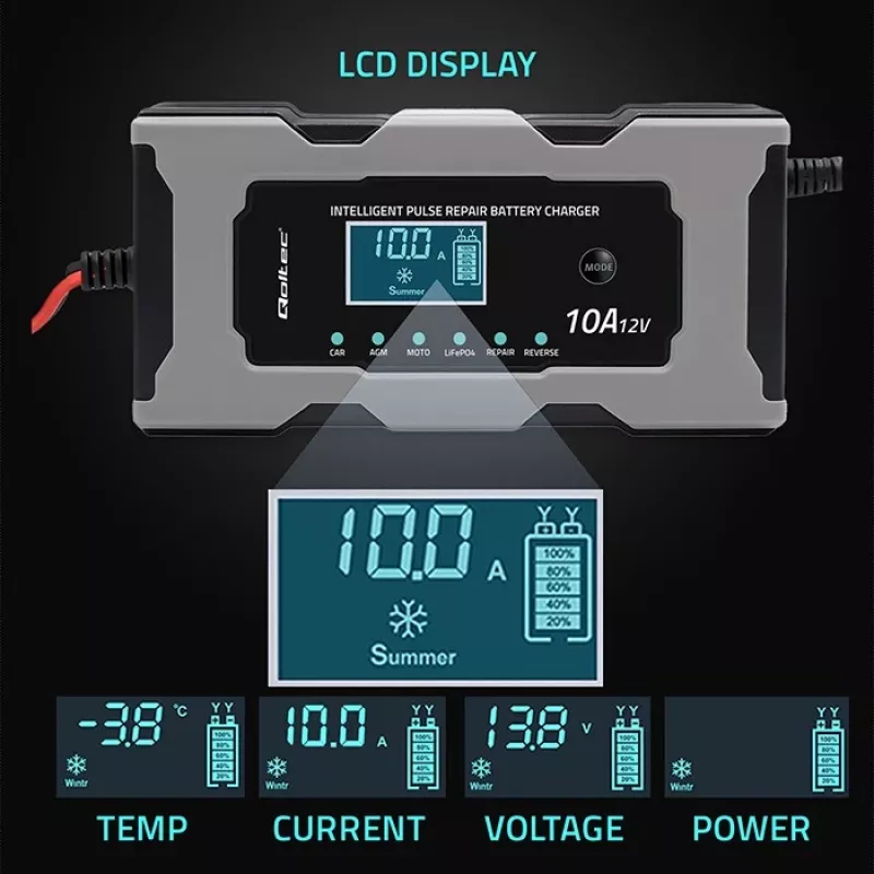 Charger QOLTEC 52493 12V 10A with repair function for AGM batteries