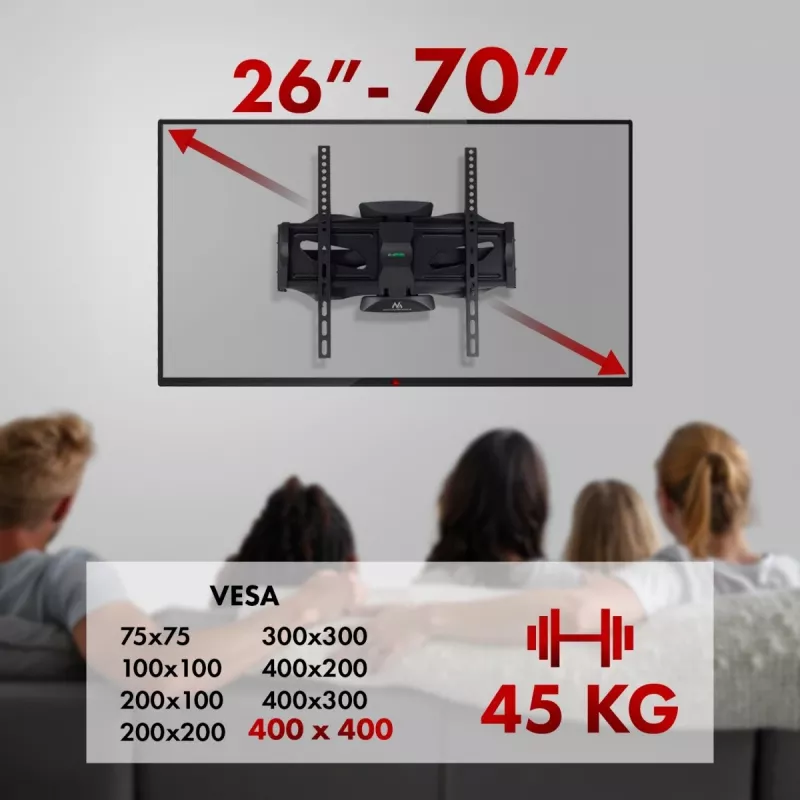 Wall TV mount MACLEAN MC-781 for 66–177.8 cm (26–70 inch) screens, tilt -12–2°, VESA 100x100–400x400, max load 45 kg, black