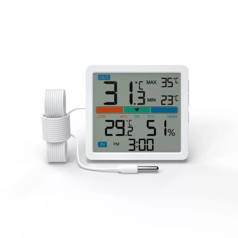 Thermometer‑Hygrometer MANTA MTO002W with external sensor (150 cm), indoor 0–+50°C, outdoor -40–+70°C, humidity 20–95% RH, comfort indicator, clock