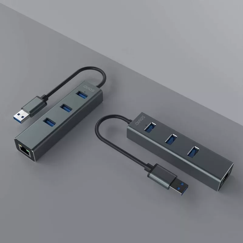 SAVIO USB-A hub with RJ-45 Gigabit Ethernet AK-57 — 3× USB-A + RJ-45, USB 3.2 Gen 1 Micro‑B host, 5 Gbit/s, 4 ports, grey