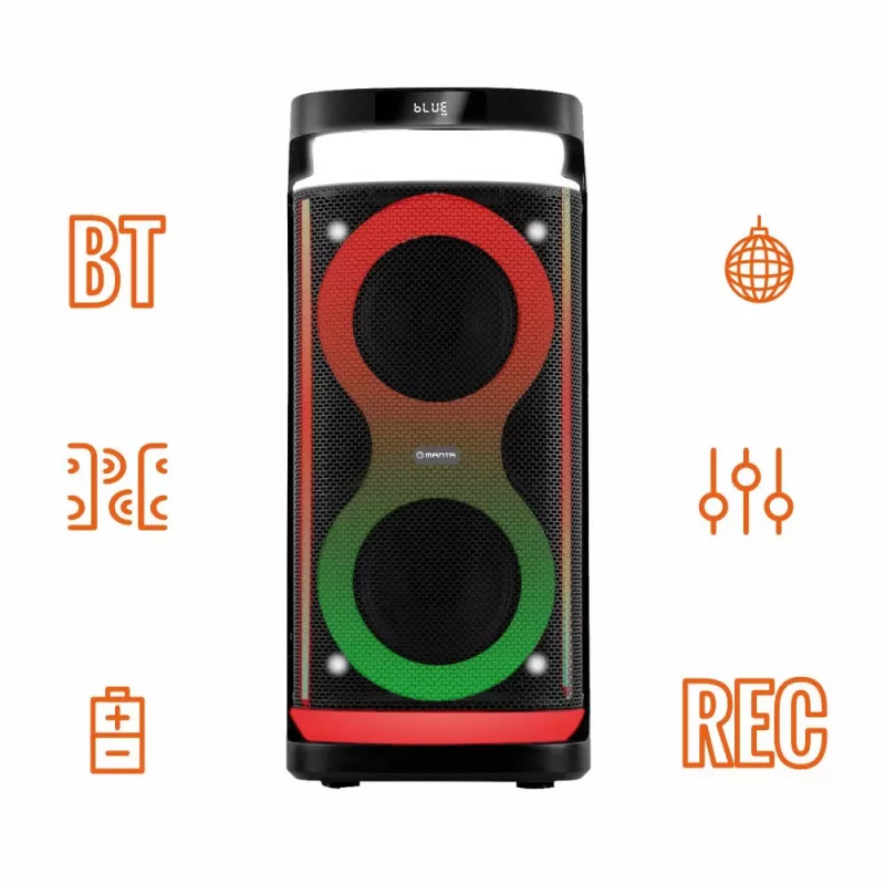 Portable speaker MANTA SPK0601B100, 100 W, Bluetooth, karaoke, wireless microphone, battery, equalizer, disco lighting