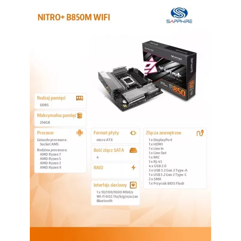 Motherboard Sapphire NITRO+ B850M WIFI — AMD B850, Socket AM5, micro ATX, DDR5, 4x DIMM, Wi‑Fi 6, 2.5Gb LAN, 2x M.2