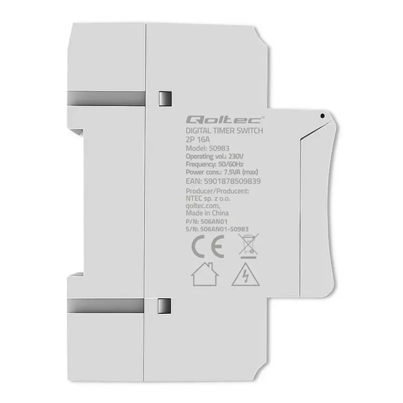 DIN rail electronic timer switch QOLTEC 50983, battery powered, for automation circuits