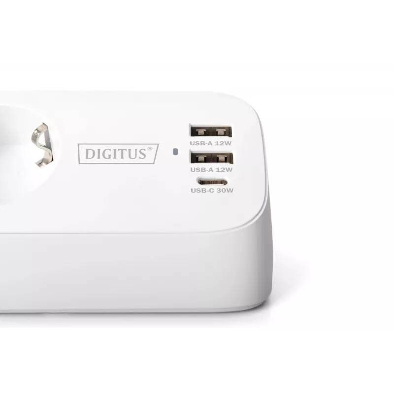 Power strip DIGITUS 3-way with 2×USB-A and 1×USB-C, 3 AC outlets Type E/F, 1.5 m cable, white
