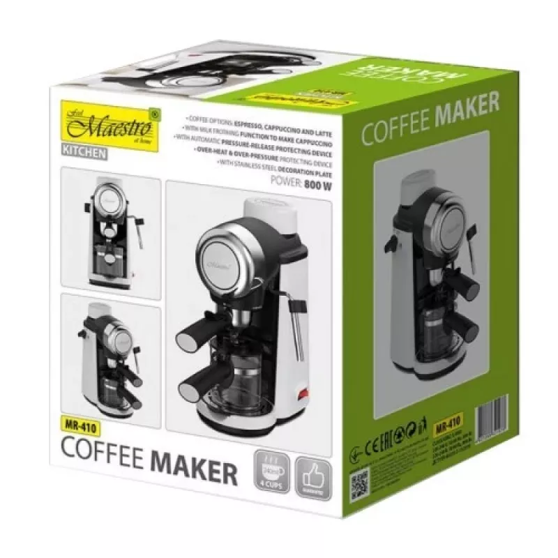 Maestro MR-410 espresso coffee maker with milk frother, 800 W, 3.5 bar, 240 ml water tank