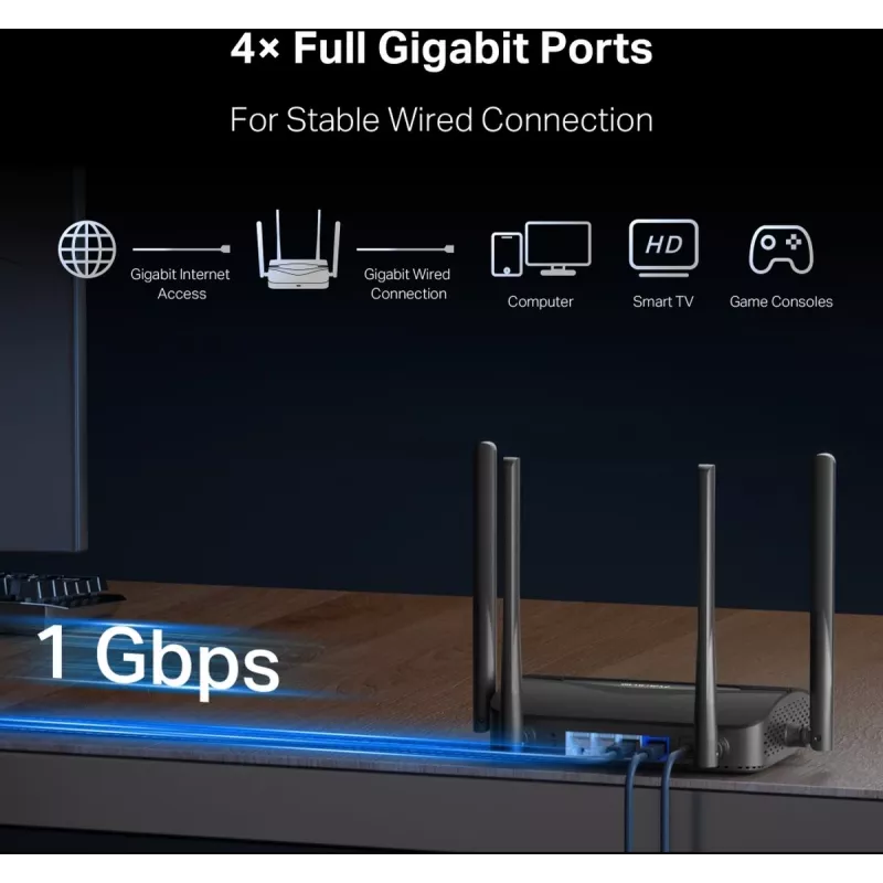 Tabletop router MERCUSYS MR25BE EasyMesh Wi‑Fi 7 dual‑band 2.4/5 GHz, 3600 Mbps, 3× Gigabit LAN, 4 external antennas