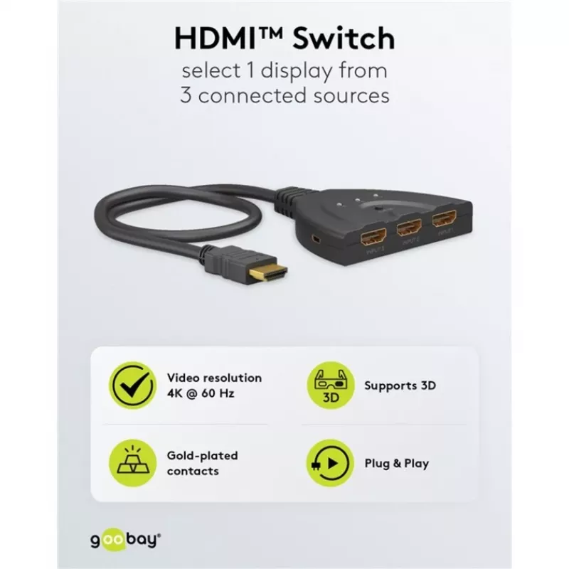 HDMI-Umschaltbox 3 to 1 (4K @ 60Hz), HDMI Switch (black, 55cm Cable)