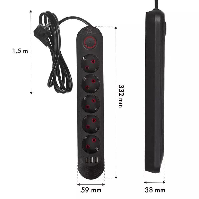 Power strip MACLEAN MCE395 B — 5 sockets, 3×USB, 110–240V AC, 2.1A USB, 2500W, 1.5 m cable, black