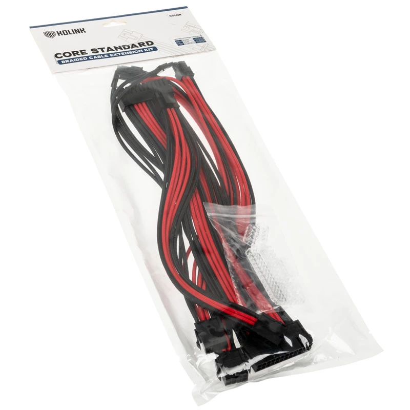 Kolink Core Standard Braided Cable Extension Kit - Jet Black / Racing Red, 24‑pin + 8‑pin + 6+2‑pin + SATA