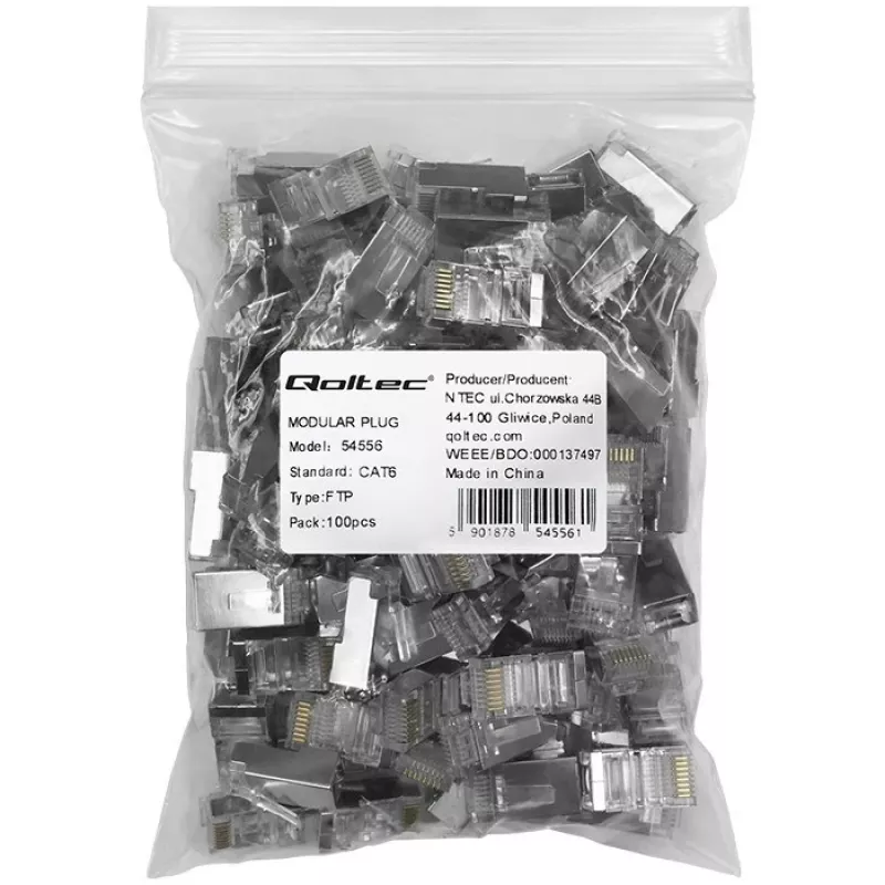 RJ45 modular connector QOLTEC 54556 CAT6 FTP, silver, 18×22×11 mm, pack of 100