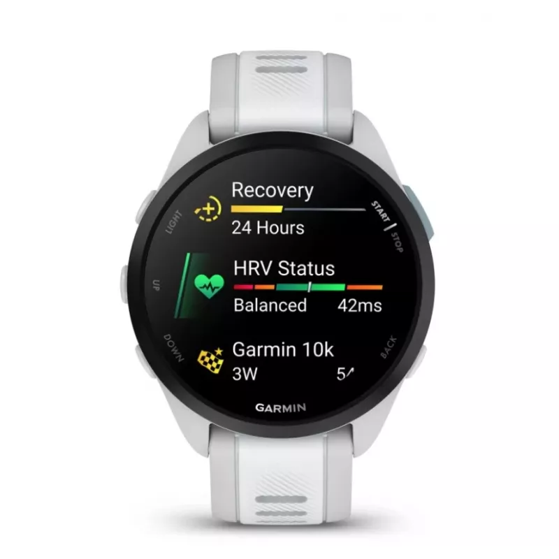 Smartwatch GARMIN Forerunner 165 — GPS, AMOLED 1.2 inch, 4 GB, 5 ATM, 11 days battery, Grey case, White strap