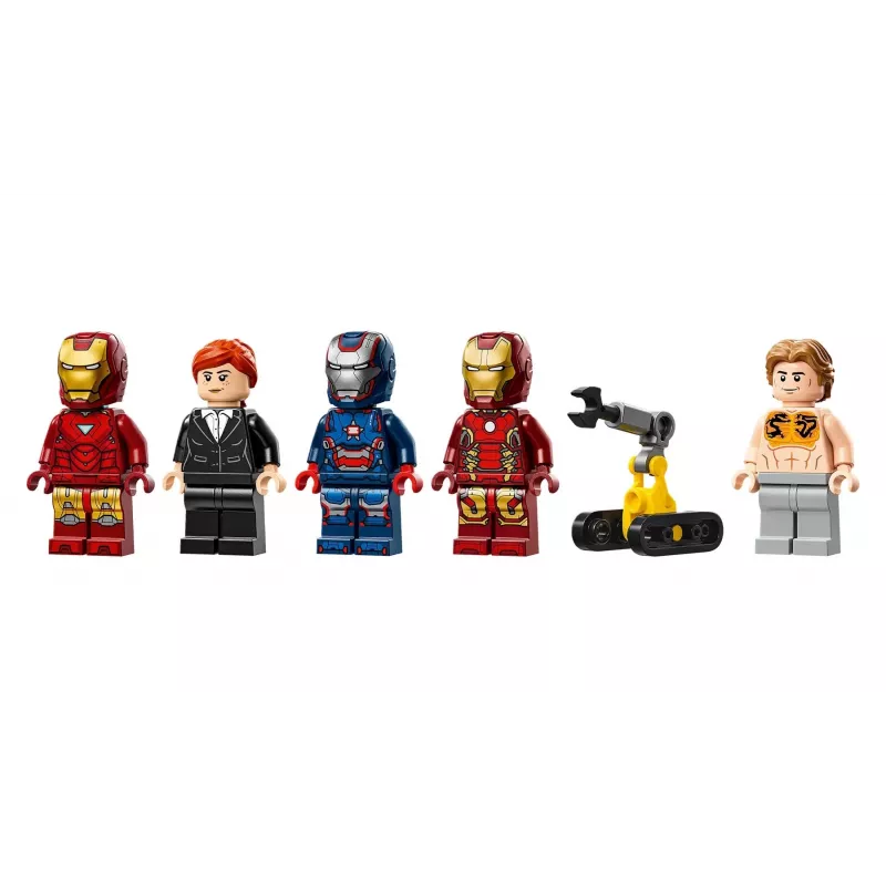 LEGO playset Marvel Iron Man's Laboratory Hall of Armor 76315 — 384 pieces, 5 minifigures, display area