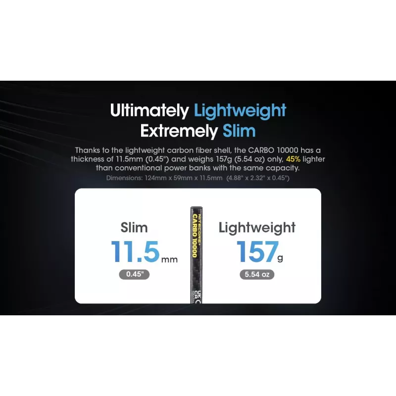Portable power bank Nitecore CARBO 10000 — Lithium‑Ion 10000 mAh, 38 W PD, USB‑A + USB‑C, grey