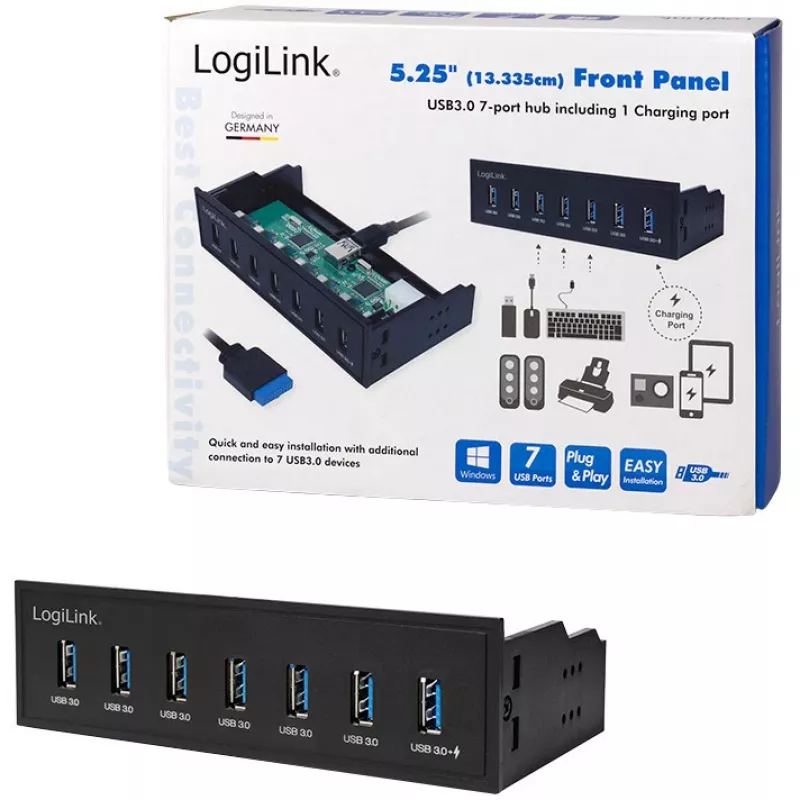 LogiLink USB 3.0 hub, 7-port 5.25 internal, with fast charging port - Hub - 6 x SuperSpeed USB 3.0 + 1 x SuperSpeed USB 3.0 (laden)