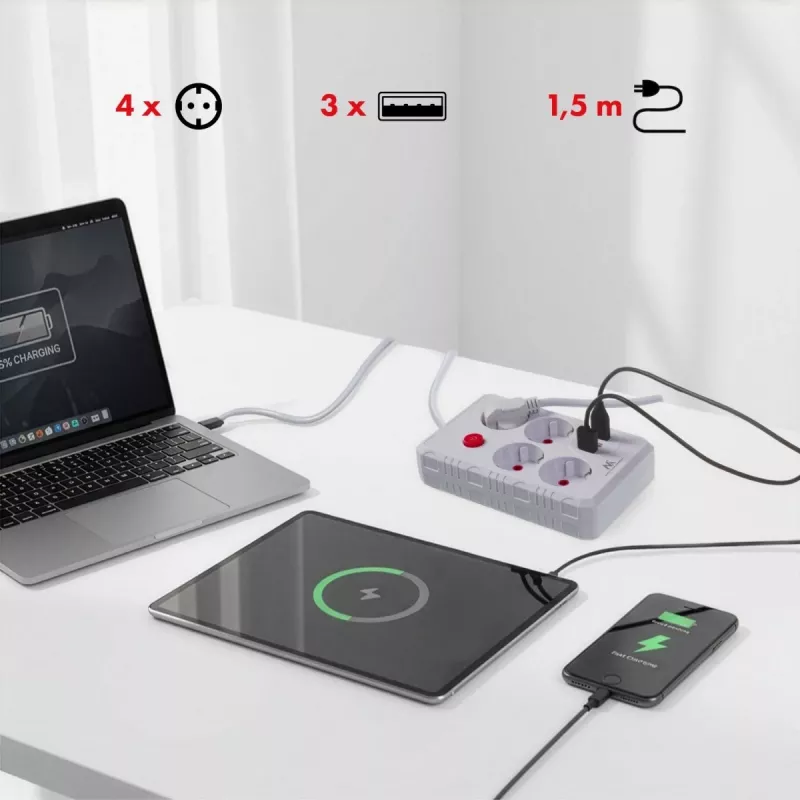 Power strip MACLEAN MCE392 W — 4 F sockets, 3×USB A, 110–240V, 2.1A max, 2500W, 1.5 m cable, white