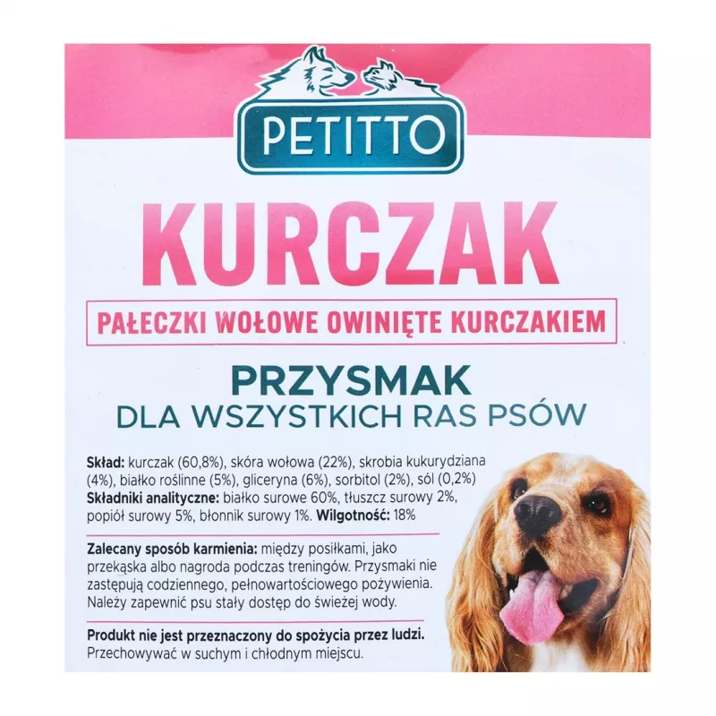 Dog treats PETITTO Chicken wrapped chopsticks 500 g — chicken-flavored chew sticks, 60% protein, 18% moisture