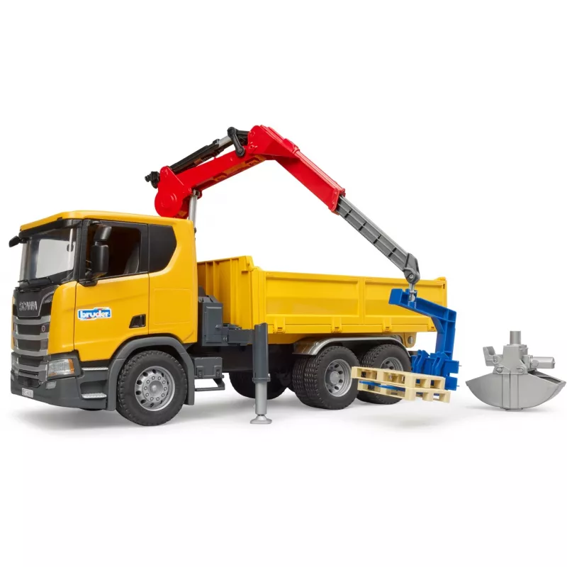 Toy construction truck BRUDER Scania Super 560R with crane and 2 pallets