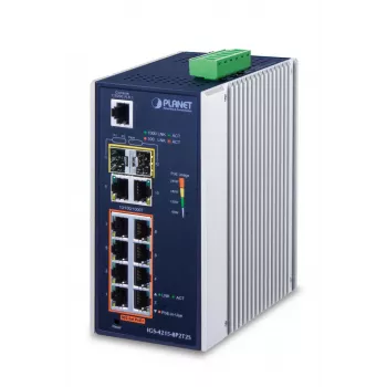 Managed switch PLANET IGS-4215-8P2T2S — 10x Gigabit RJ-45, 2x SFP, 8x PoE+ (240W), 48–56V DC, L2/L4, IP30, DIN/Wall mount