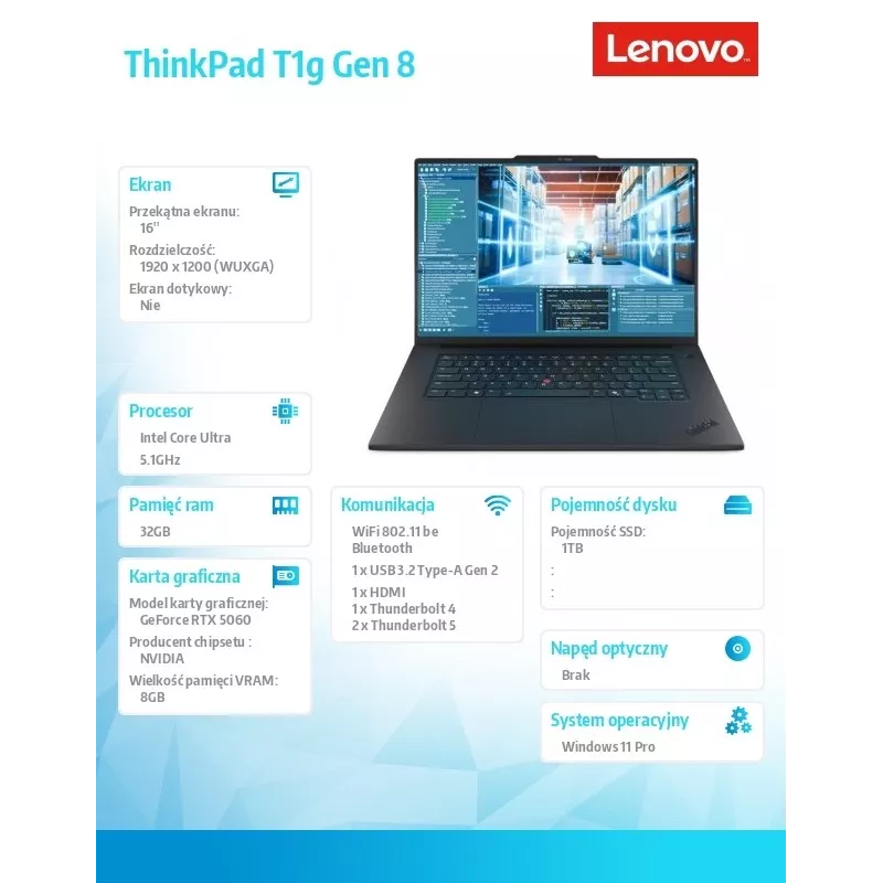 Ultrabook Lenovo ThinkPad T1G G8 255H CPU, 32GB RAM, 1TB SSD, NVIDIA RTX 5080 8GB, 16.0 inch WUXGA, Windows 11 Pro