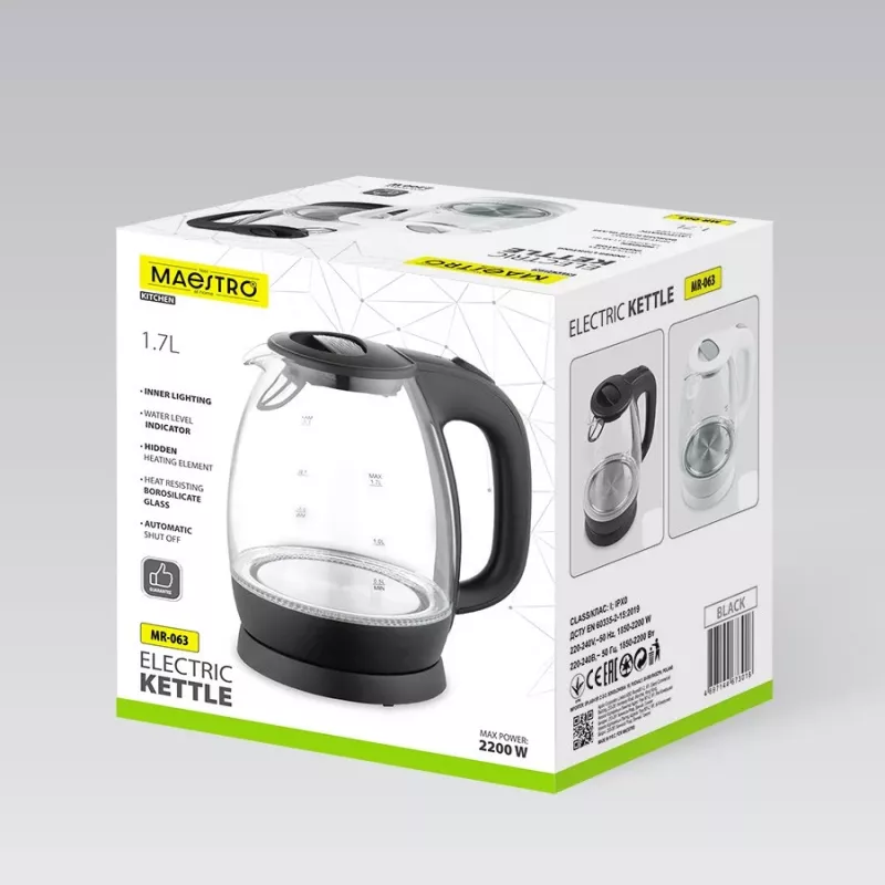 Electric glass kettle Maestro MR-063-BLACK, 2200W, glass body, cordless base