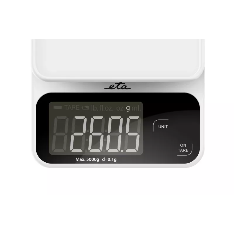 Electronic kitchen scale ETA POPI White — max 5 kg, accuracy 1 g, LCD display, AAA batteries