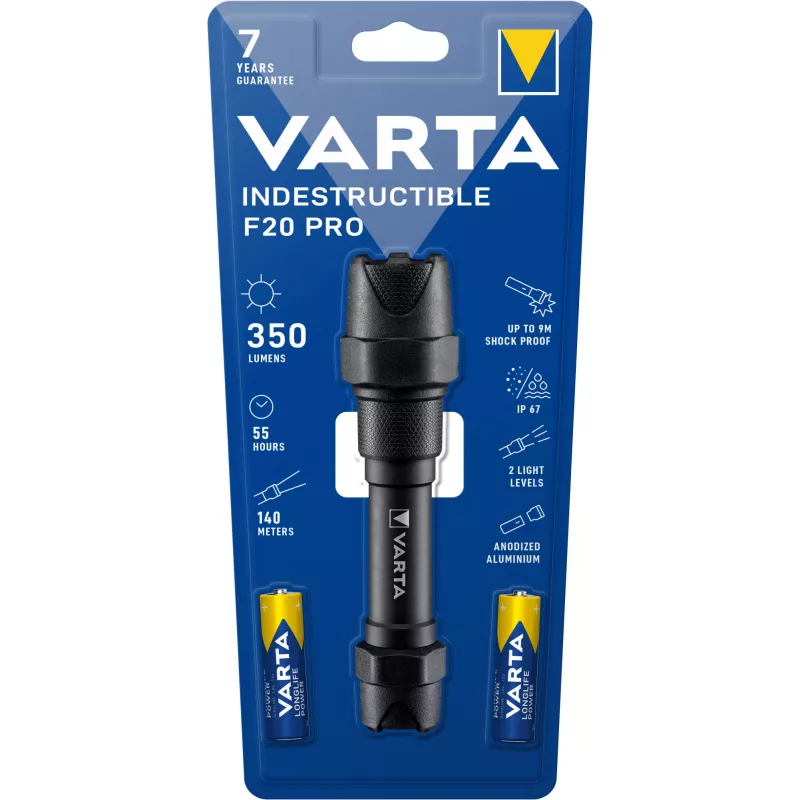 Varta Indestructible F20 Pro - handheld flashlight - Black - Aluminium - 9 m - IP67 - LED