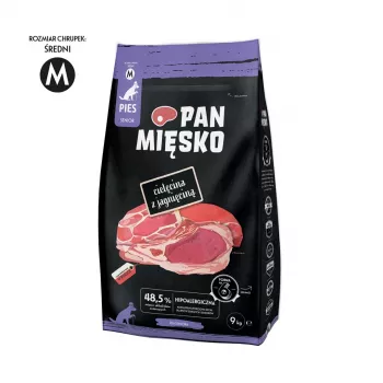 Dry dog food Pan Miesko Veal with Lamb Senior Crunchy M 9 kg — Complete Diet for Older Medium Dogs, 23% Protein, 15% Fat