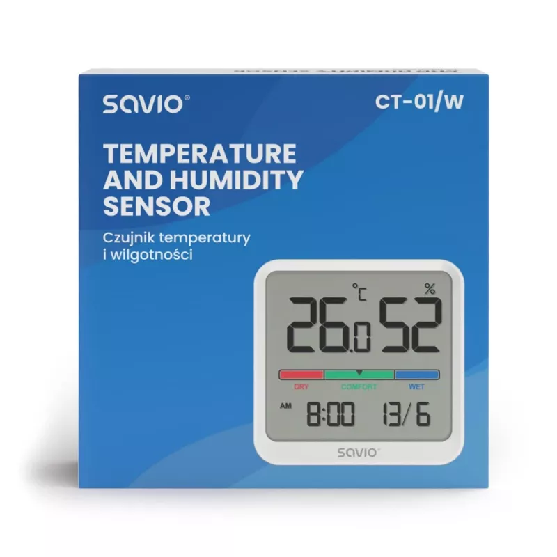 Indoor temperature and humidity sensor SAVIO CT-01/W, LCD display, -10–55°C, 10–99%RH, battery CR2032