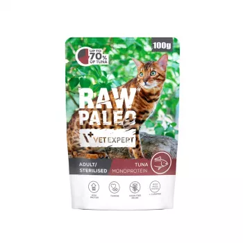 Wet cat food VETEXPERT Raw Paleo Adult Sterilised Tuna 100 g pouch, protein 10.3%, fat 4%, moisture 77%