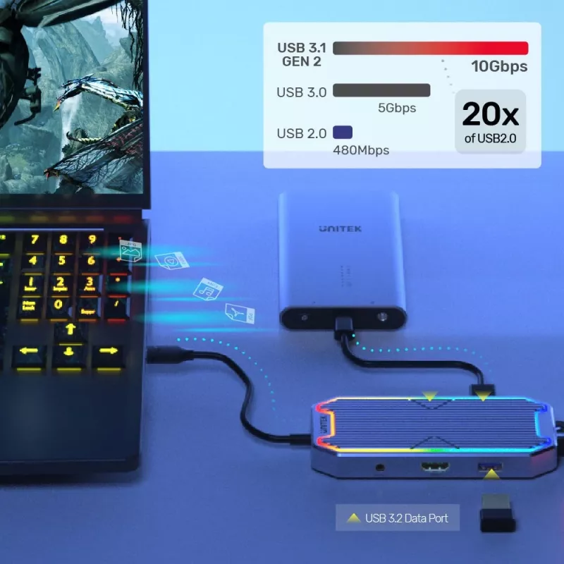 USB hub Unitek uHUB S7+ — wired USB 3.2 Gen 2 Type-C, 100 W PD, Gigabit Ethernet, 4K support, Space Grey