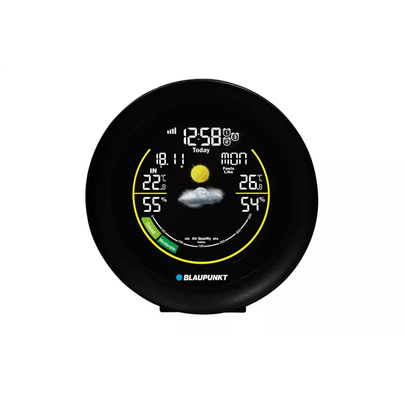 Weather station BLAUPUNKT WS35BK APP — LCD display, temperature & humidity, alarm, calendar, app connectivity, 94×94×27 mm