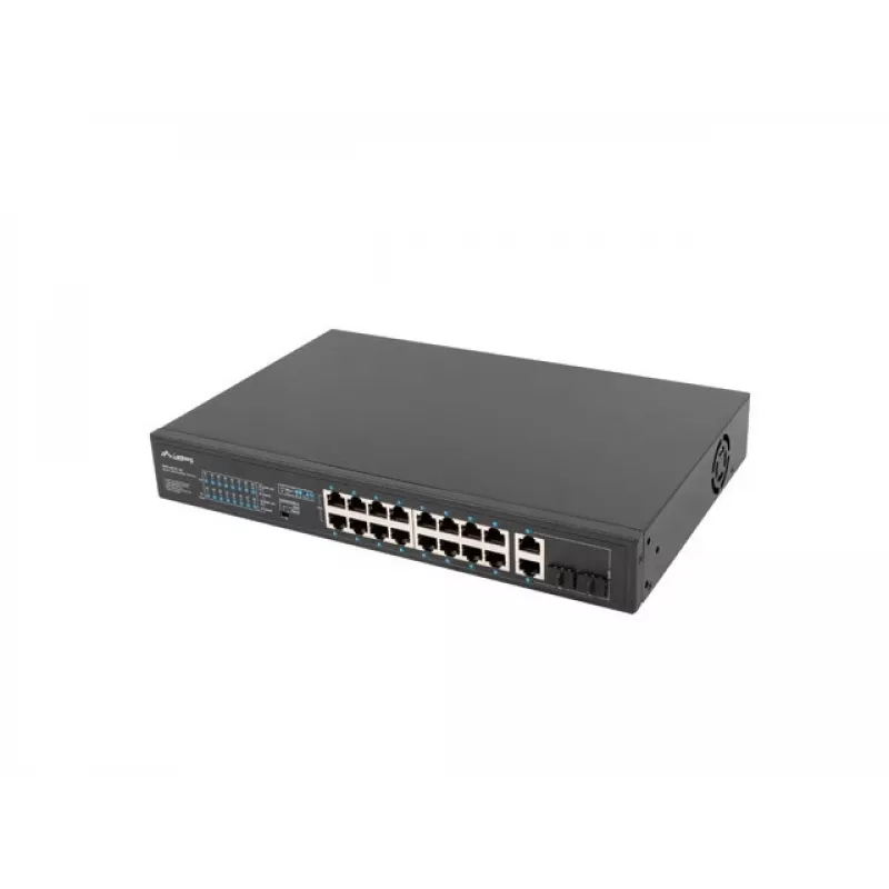 Unmanaged switch LANBERG RSFE-16P-2C-150 — 18-port Gigabit, 16 PoE+/2 SFP, 150 W total, 1U rack, metal, black