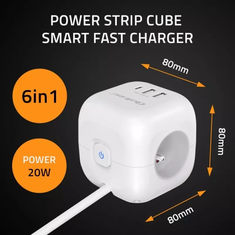 Power Cube QOLTEC 52547 power strip 3×AC sockets, 2×USB-A, 1×USB-C PD 20W