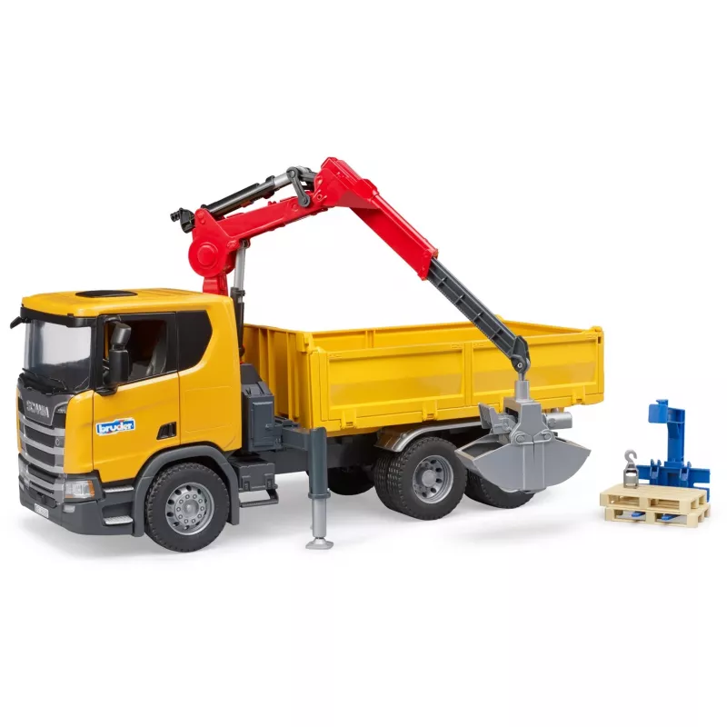 Toy construction truck BRUDER Scania Super 560R with crane and 2 pallets