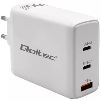 Charger QOLTEC 100W GaN USB-C Dual PD 5–20V 1.5–5A, 2×USB-C