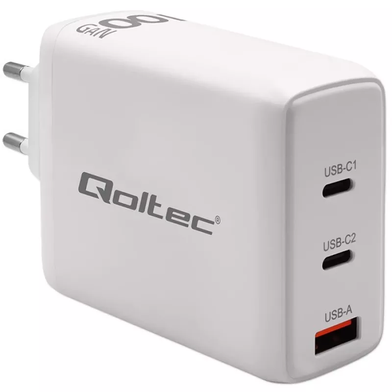 Charger QOLTEC 100W GaN USB-C Dual PD 5–20V 1.5–5A, 2×USB-C