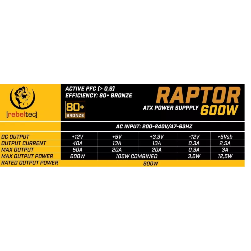 Power Supply RAPTOR 600W BRONZE 80+, Vienguba linija, DC-DC