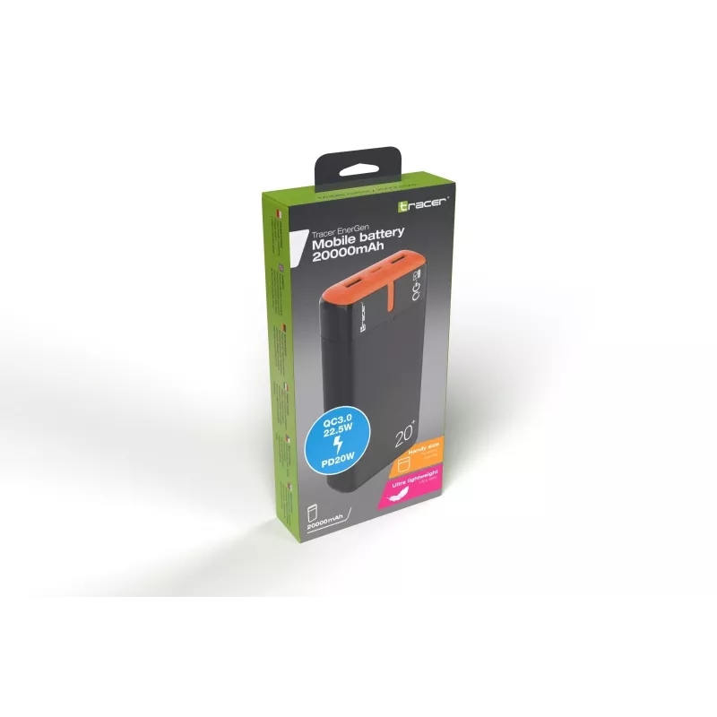 Portable charger TRACER EnerGen 20000 mAh, Power Delivery 20W, USB-C input, 2×USB-A outputs, 3-device support, orange