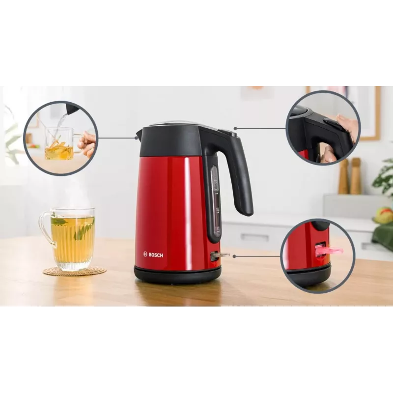 Electric kettle Bosch TWK7L464 — 1.7 L capacity, 2400 W, red, plastic housing