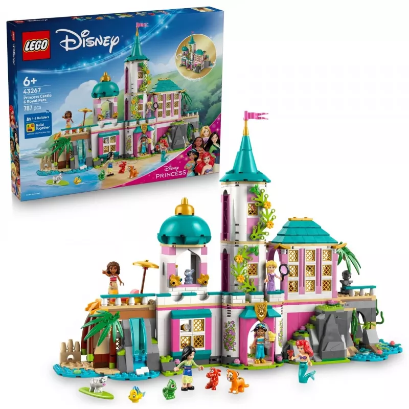 LEGO Disney Princess Castle and Royal Pets building set 43267 — 787 pieces, 5 minifigures, age 6+, 320×460×100 mm