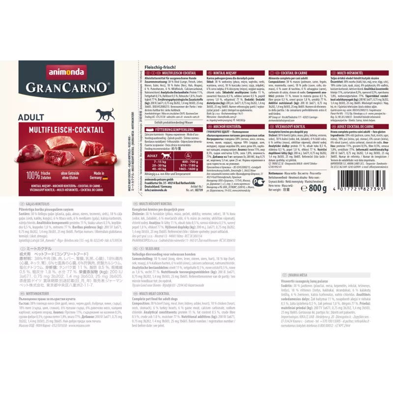 Wet dog food Animonda GranCarno Multi Meat Cocktail 800 g — beef, chicken, game, heart, turkey, adult