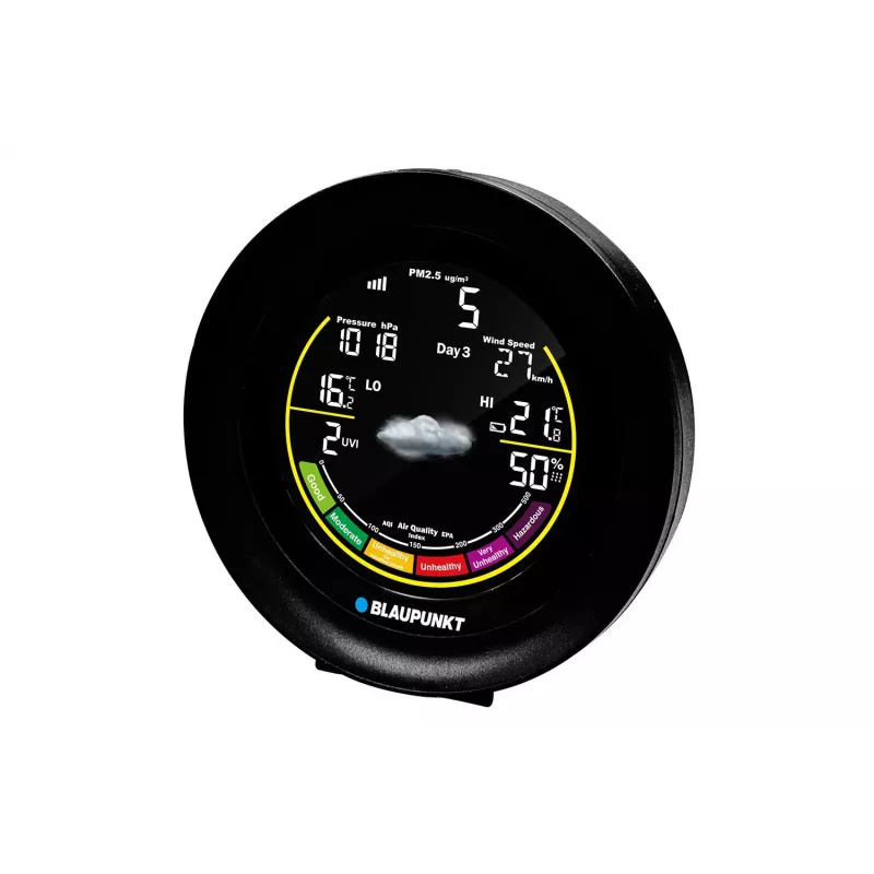 Weather station BLAUPUNKT WS35BK APP — LCD display, temperature & humidity, alarm, calendar, app connectivity, 94×94×27 mm
