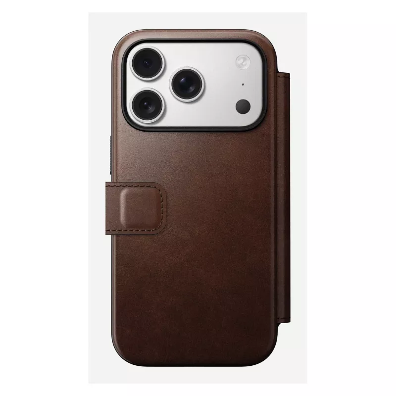 Mobile phone cover Nomad Modern Leather Folio for iPhone 17 Pro, leather/aluminium, 16 cm (6.3 inch) brown, 4 card pockets