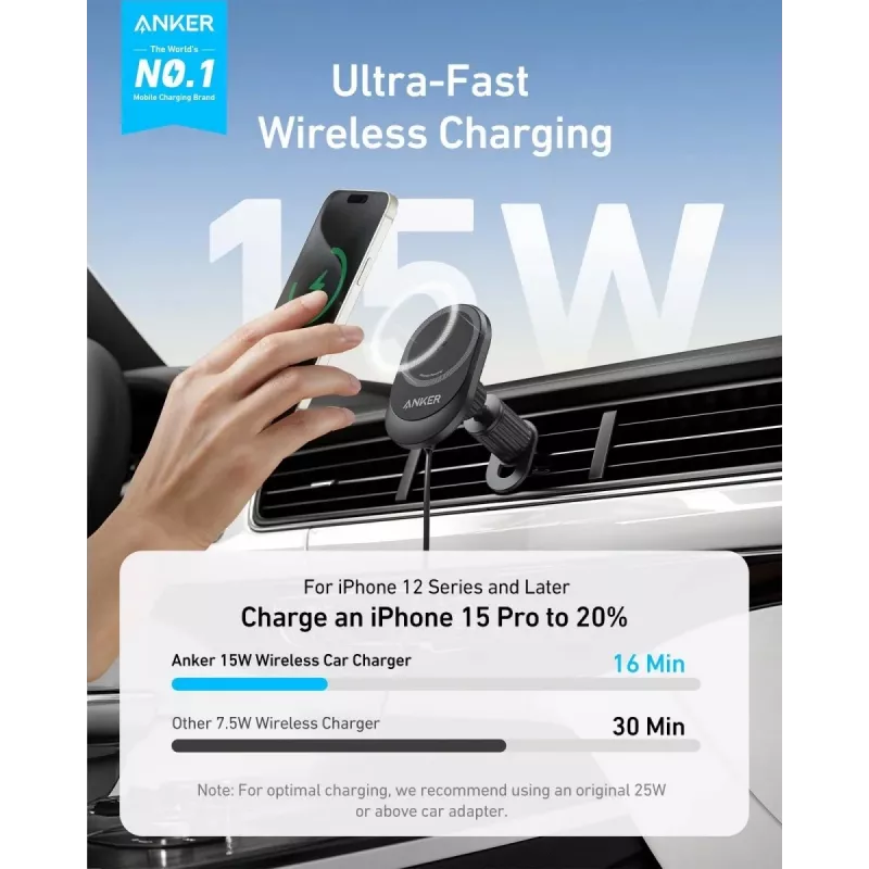Wireless Magnetic Car Charger Anker MagGo 15W — Magnetic 15W Qi Fast Charging for Smartphones, Black
