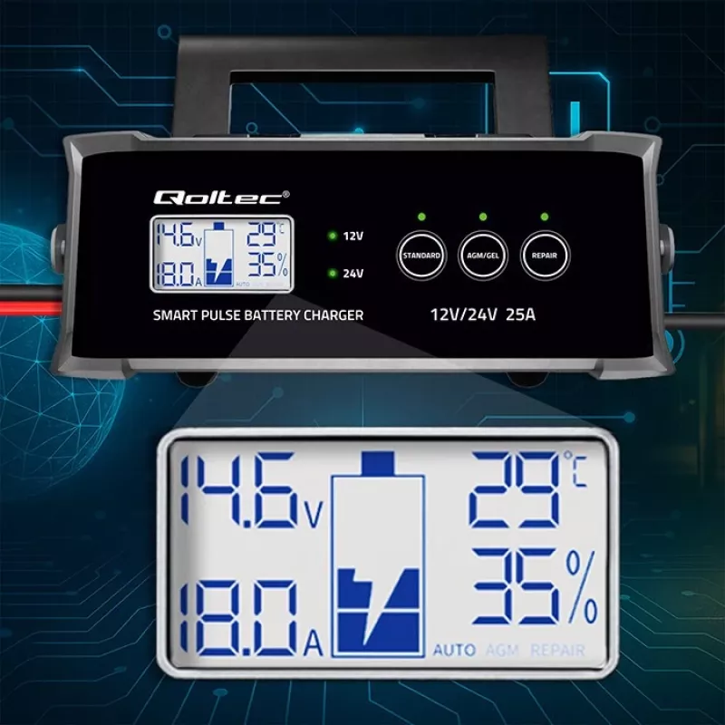 Battery charger QOLTEC 52514 — 12V/24V, 25A, for AGM/GEL/SLA batteries with LCD display